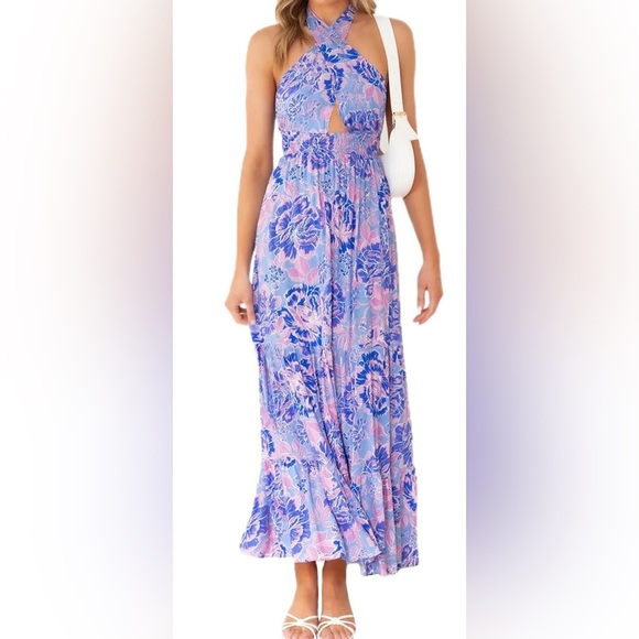 ZESICA Women Summer Halter Tie Neck Sleeveless Blue Floral Maxi Dress Cut Out L - Picture 1 of 16